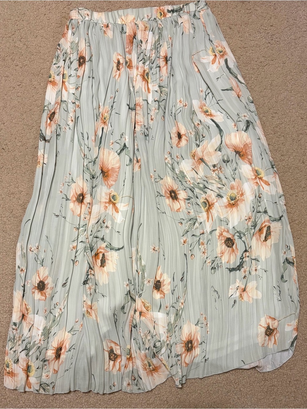 H&M Pleated Floral Maxi Skirt in Pale Sage Green and Peach